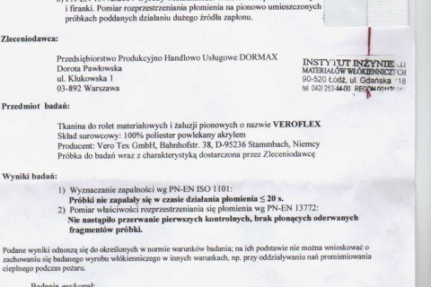 Verofllex - Atest na tkaninę do rolet mat. i zaluzji pionowch